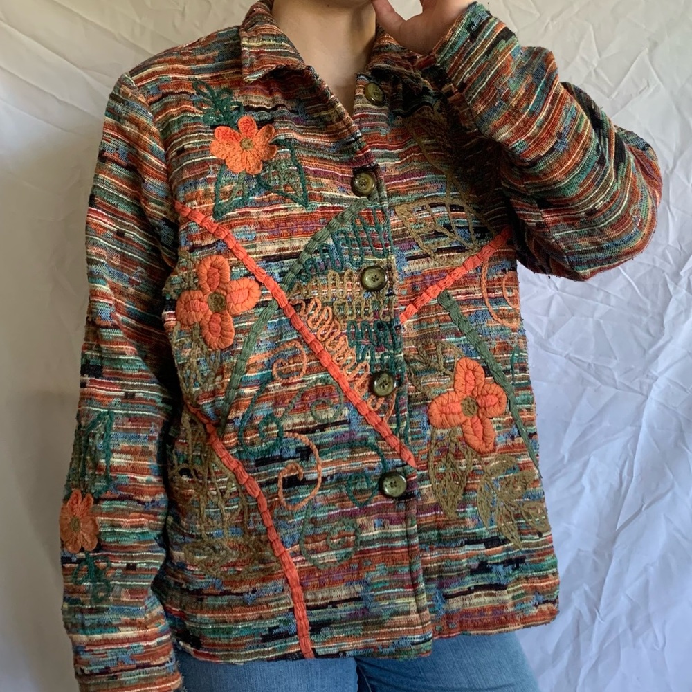 Coldwater Creek Coat Multicolored Embroidered Orange, Green, Teal